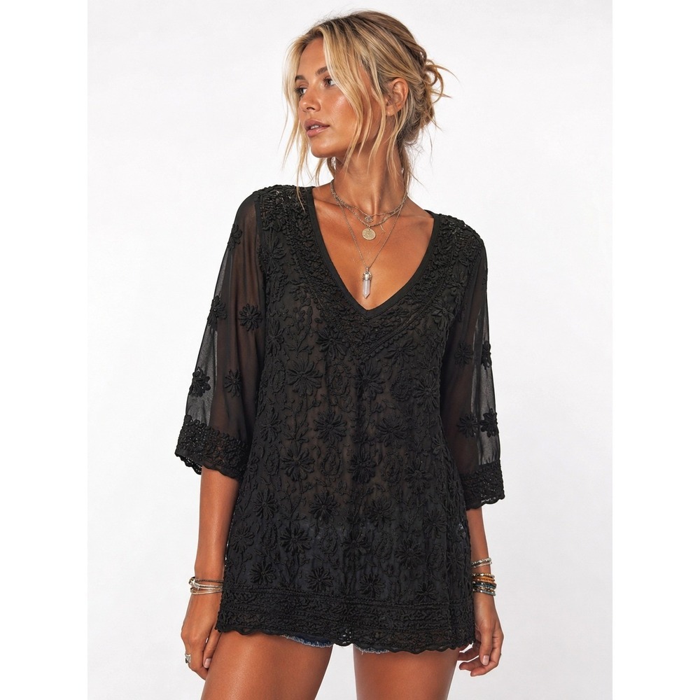 Dolma Anthropologie Black Floral Boho Embroidered Sheer Mesh Tunic Dress M
